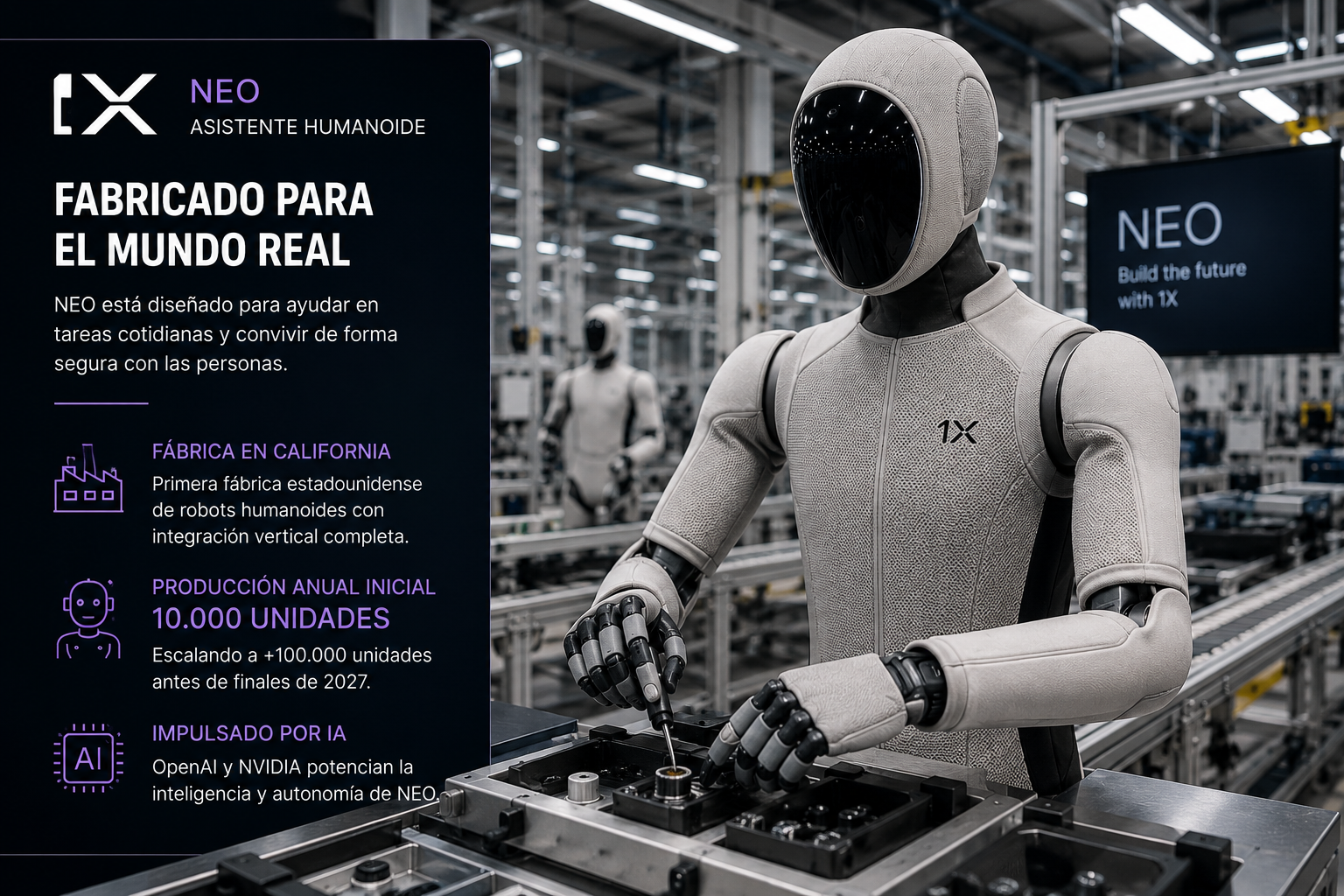 Robot humanoide NEO de 1X ensamblando componentes en una fábrica automatizada durante su producción industrial impulsada por inteligencia artificial.