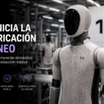 Robot humanoide NEO de 1X en una fábrica tecnológica durante el inicio de su producción masiva impulsada por inteligencia artificial.